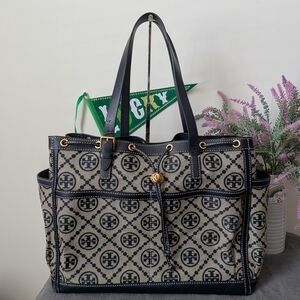 Tory Burch Navy T Monogram Jacquard Tote